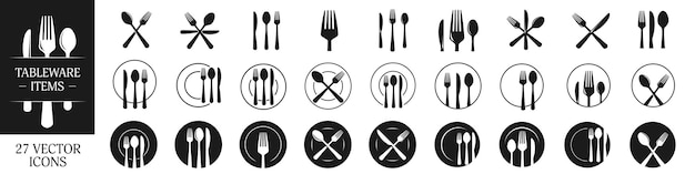 Conjunto de iconos de cuchillo y plato de tenedor Icono de cubiertos Logos de vajilla