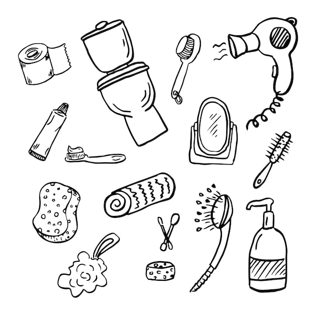 Conjunto de iconos de cuidado del cuerpo de baño de fideos dibujados a mano colección de símbolos de baño de hogar vectorial doodle sketch inodoro y ducha toalla de baño de bañera