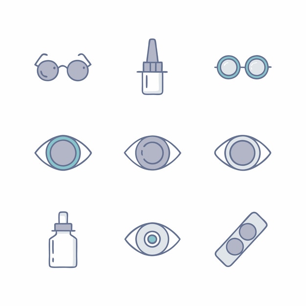 conjunto de iconos para el cuidado de los ojos con gafas, gotas para los ojos, lentes de contacto e ilustraciones para los ojos