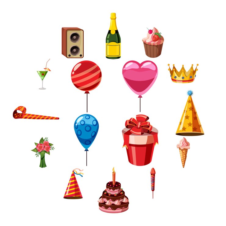 Vector conjunto de iconos de cumpleaños, estilo de dibujos animados