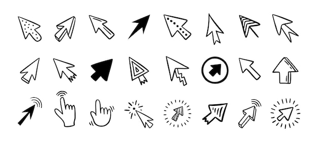 Conjunto de íconos de cursor doodle clic cursor dibujado a mano conjunto aislado del cursor del ratón ilustración vectorial