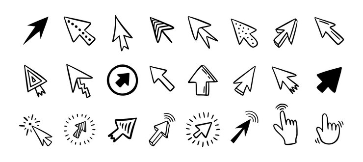 Vector conjunto de íconos de cursor doodle clic cursor dibujado a mano conjunto aislado del cursor del ratón ilustración vectorial