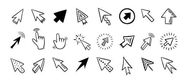 Conjunto de íconos de cursor doodle clic cursor dibujado a mano conjunto aislado del cursor del ratón ilustración vectorial