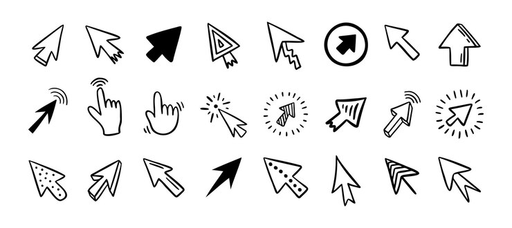 Vector conjunto de íconos de cursor doodle clic cursor dibujado a mano conjunto aislado del cursor del ratón ilustración vectorial