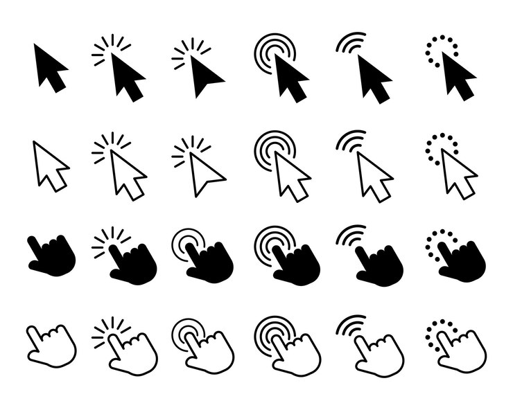 Vector conjunto de iconos de cursor haz clic y las iconas de cursor de la mano haz clic aisladas en el fondo del ratón de la computadora haz clic