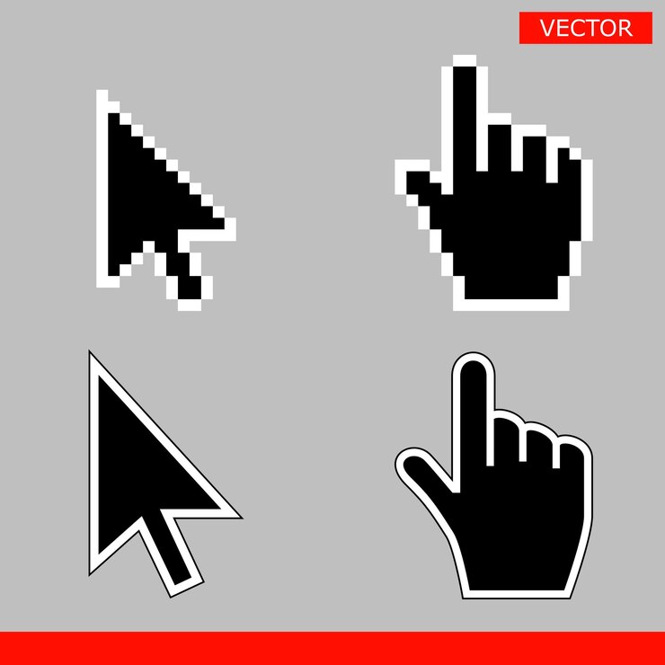 Vector conjunto de iconos de cursor de mano de flecha negra y puntero píxel y versión moderna de signos de cursores