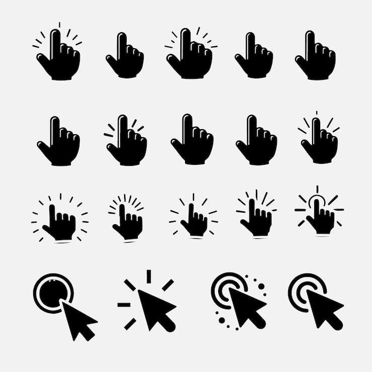 Vector conjunto de íconos de cursor negro minimalistas con íconos vectoriales de estados de desplazamiento y clic para la selección
