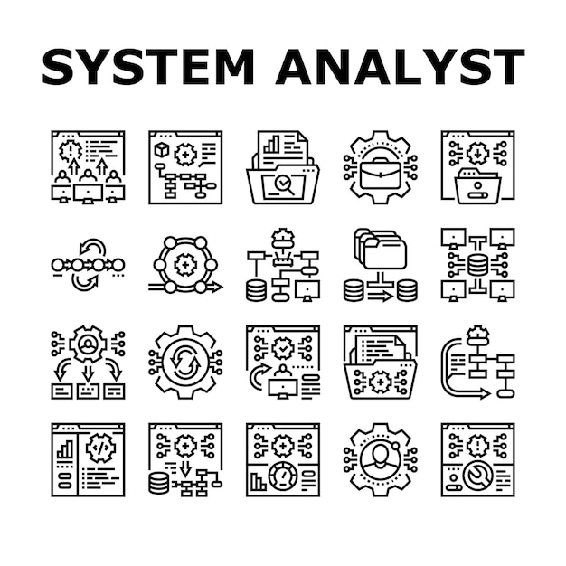 conjunto de iconos de datos de analista de sistemas análisis de vectores computadora de negocios kpi digital gestión de información gráfico financiero datos de analista de sistemas ilustraciones de contorno negro
