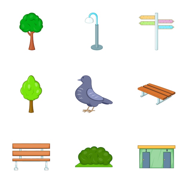 Conjunto de iconos de decoración urbana al aire libre, estilo de dibujos animados