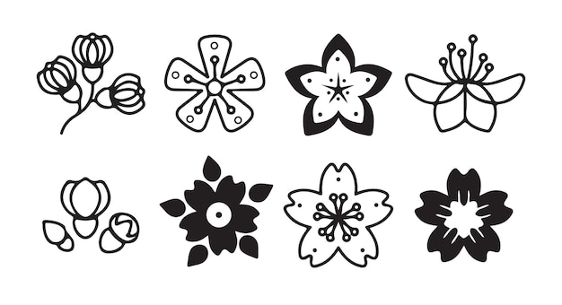 Conjunto de iconos decorativos de flores vectoriales en blanco y negro