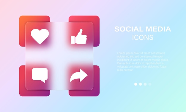 Conjunto de iconos de degradado de desenfoque vectorial de redes sociales Heart Thumbs up speech buble y compartir símbolos en estilo glassmorphism Vector EPS 10