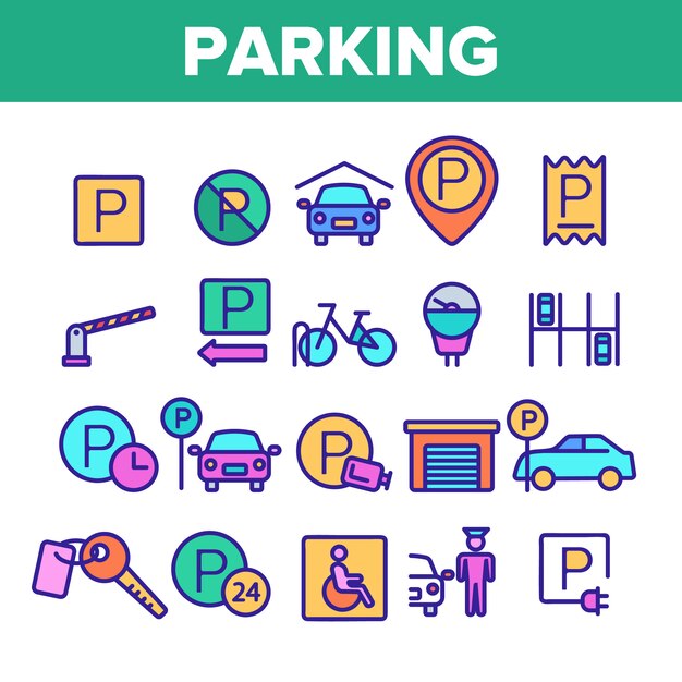 Conjunto de iconos de delgada línea de estacionamiento
