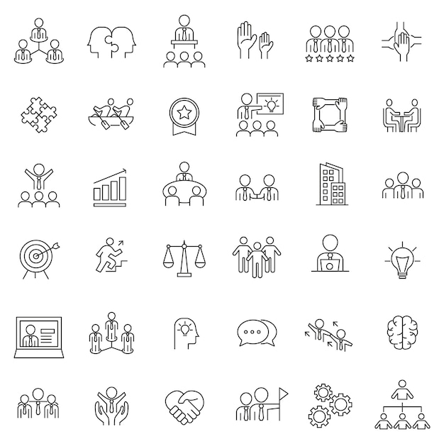 Vector conjunto de iconos de delgada línea de gestión de trabajo en equipo