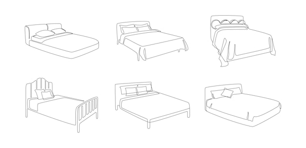 Conjunto de iconos delgados de camas dobles en estilo de arte de línea Muebles de lujo modernos y cómodos para dormitorio en estilo lineal simple Ilustración de vector de Doodle de trazo editable