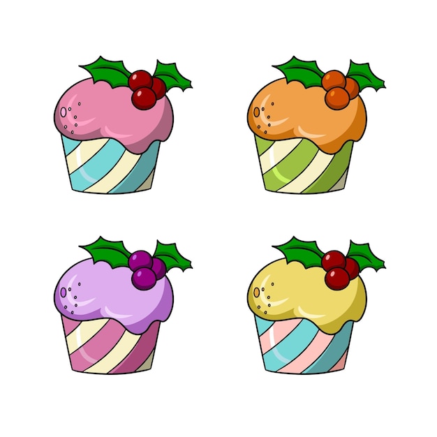 Conjunto de iconos delicioso cupcake con delicada crema de frutas y bayas con dibujos animados de vector de hojas