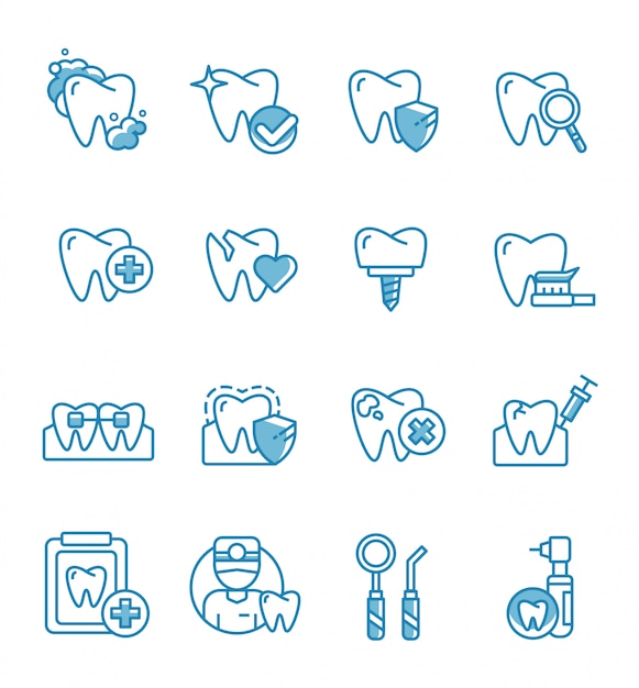 Vector conjunto de iconos dentales con estilo de contorno.