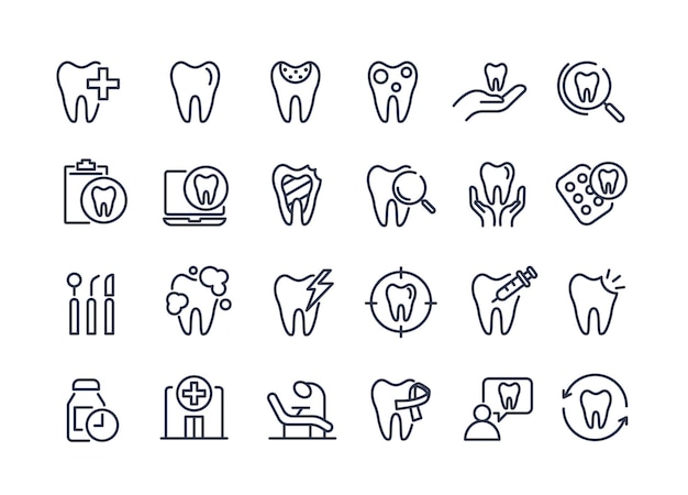 Conjunto de iconos dentales que contienen dentista pasta de dientes cepillo de dientes implante de dientes y iconos de odontología se pueden usar en niños clínica de dentista vector de concepto de salud médica y odontología