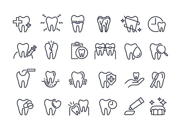 Conjunto de iconos dentales que contienen dentista pasta de dientes cepillo de dientes implante de dientes y iconos de odontología se pueden usar en niños clínica de dentista vector de concepto de salud médica y odontología