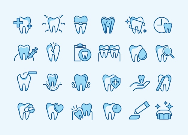 Conjunto de iconos dentales que contienen dentista pasta de dientes cepillo de dientes implante de dientes y iconos de odontología se pueden usar en niños clínica de dentista vector de concepto de salud médica y odontología