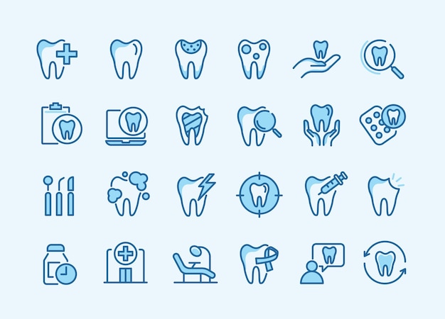Conjunto de iconos dentales que contienen dentista pasta de dientes cepillo de dientes implante de dientes y iconos de odontología se pueden usar en niños clínica de dentista vector de concepto de salud médica y odontología