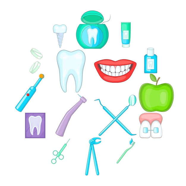 Conjunto de iconos de dentista, estilo de dibujos animados