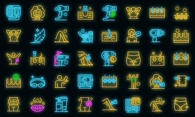 Conjunto de iconos de depilación láser. Esquema conjunto de iconos de vector de depilación láser color neón en negro