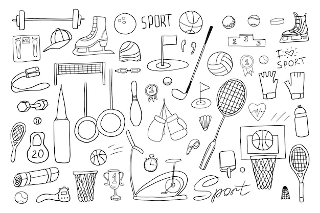 Conjunto de iconos deportivos equipo deportivo bádminton baloncesto fútbol boxeo fitness golf Doodle