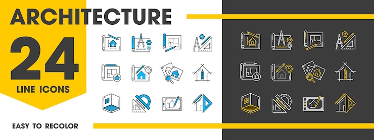 Vector conjunto de iconos de desarrollo de arquitectos y diseño de interiores