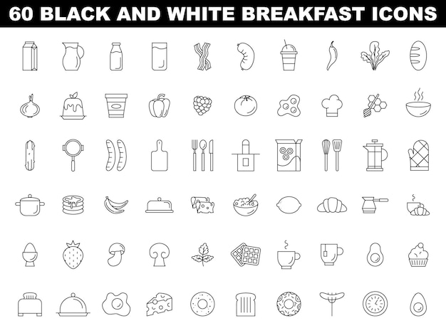 Conjunto de iconos de desayuno Cocina y comida matutina simple en blanco y negro