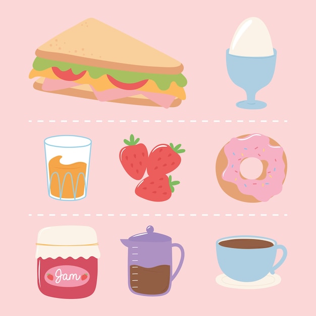 Conjunto de iconos de desayuno, ilustración de taza y cafetera de jugo de donut de huevo hervido sándwich