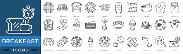 Conjunto de iconos de desayuno Morning Bite Pancake Stack tostadas francesas huevos revueltos Rise and Dine