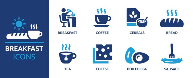 Conjunto de iconos de desayuno que contiene iconos de café, cereales, pan, té, queso, huevo hervido y salchichas