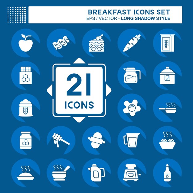 Conjunto de iconos Desayuno relacionado con el símbolo de alimentos estilo sombra larga ilustración simple