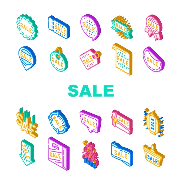 Conjunto de iconos de descuento de temporada y venta de verano Banner de venta de verano vectorial y marco de cotización de cinta y presente Etiqueta de cupón de regalo y baratija Iluminación Linterna Lámpara de techo Signo isométrico Ilustraciones en color