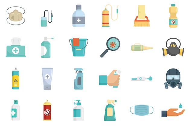 Conjunto de iconos de desinfección. Conjunto plano de iconos vectoriales de desinfección aislados sobre fondo blanco