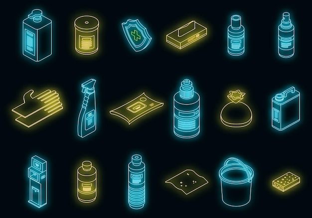 Conjunto de iconos de desinfección neón vectorial