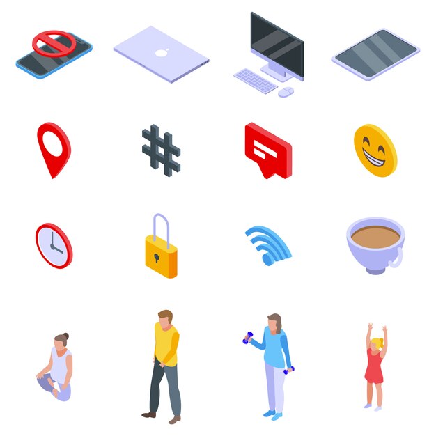 Conjunto de iconos de desintoxicación digital, estilo isométrico