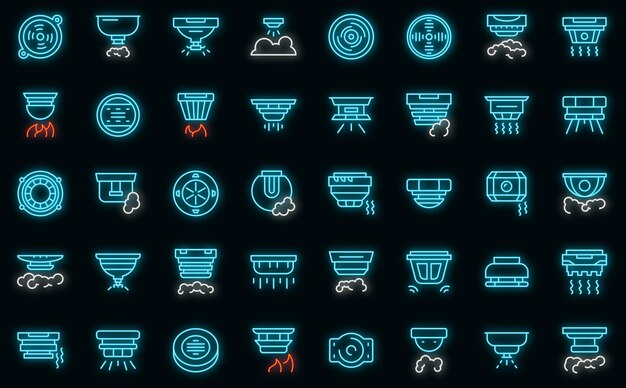 Conjunto de iconos de detector de humo vector de contorno Neón de vector de techo de alarma