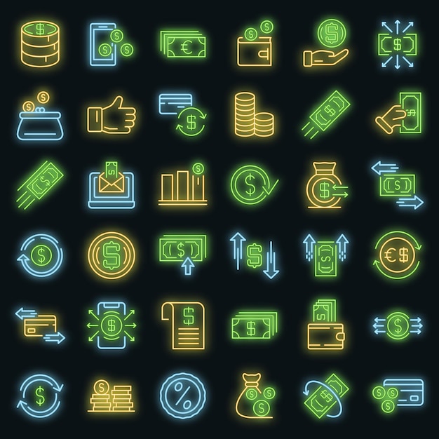 Conjunto de iconos de devolución de efectivo. Esquema conjunto de iconos de vector de devolución de efectivo neoncolor en negro