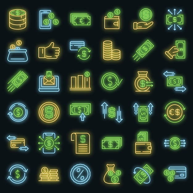 Conjunto de iconos de devolución de efectivo. esquema conjunto de iconos de vector de devolución de efectivo neoncolor en negro