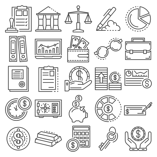 Conjunto de iconos de día de contabilidad. Conjunto de esquema de iconos de vector de día de contabilidad