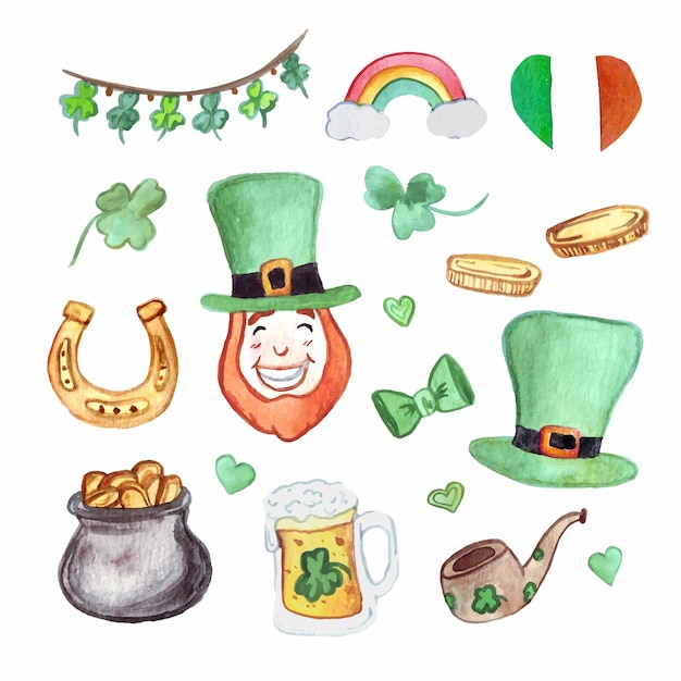 Conjunto de iconos del día de san patricio en acuarela