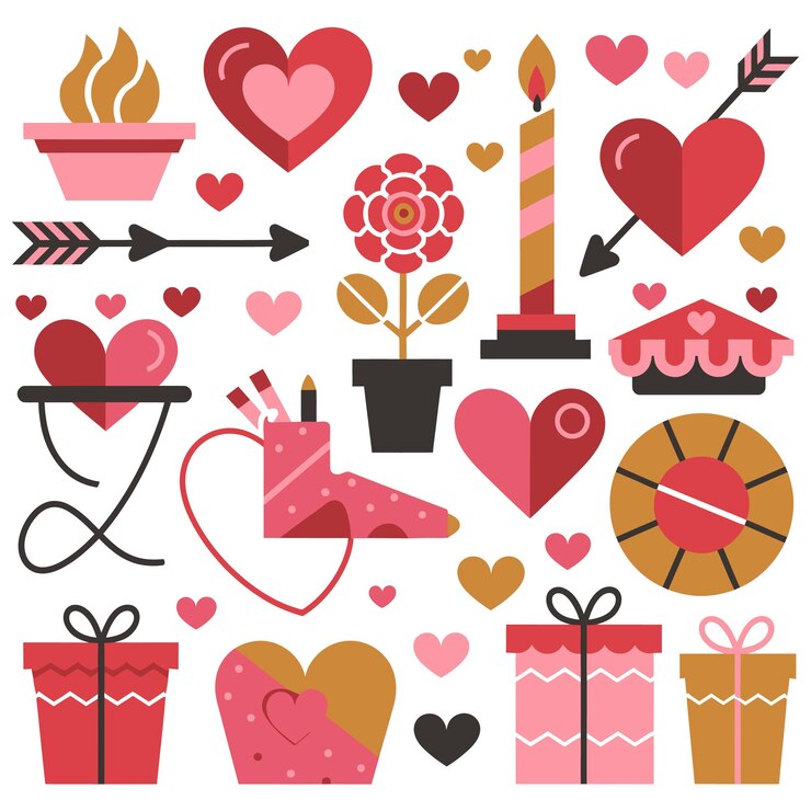 Conjunto de iconos del día de San Valentín con corazones, regalos, flores, velas y símbolos románticos