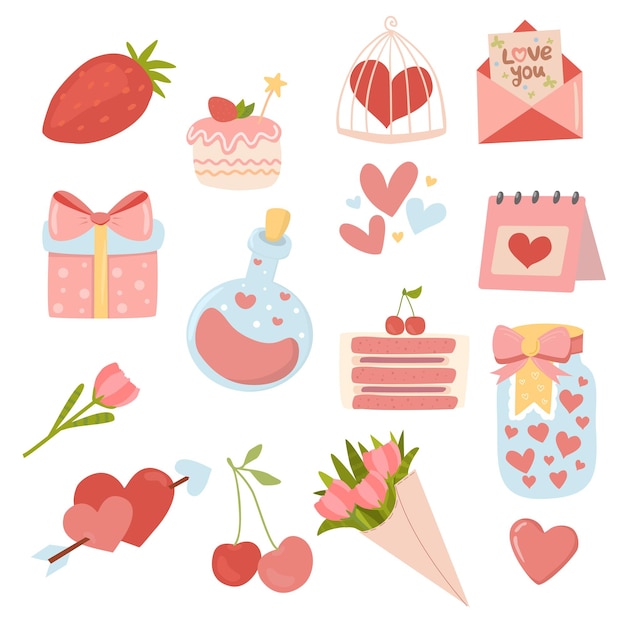 Conjunto de iconos del día de San Valentín Dibujos animados amor pegatinas románticas elementos con corazones dibujados a mano vector il