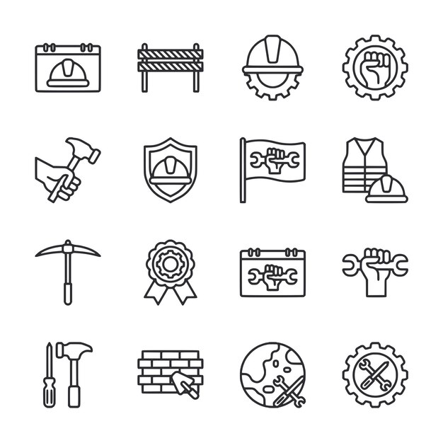 El conjunto de iconos del Día del Trabajo, herramientas de construcción y mano de obra