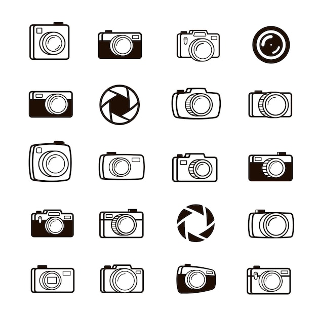 Conjunto de iconos de diafragma y lente de cámara fotográfica color negro perfecto para el diseño de su negocio ilustración vectorial