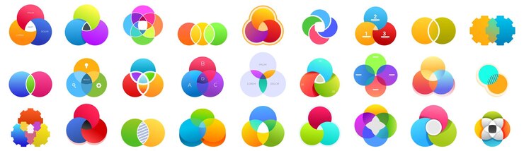 Vector conjunto de iconos de diagramas de venn conjunto de diagramas venn coloridos que muestran círculos que se cruzan y se superponen para la presentación de infografías de negocios