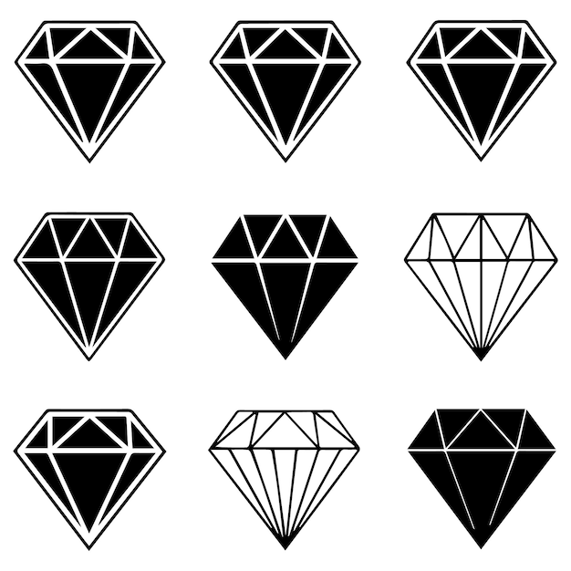 Conjunto de iconos de diamantes Diferentes formas de cortes de diamantes Conjunto del icono de diamantes en estilo plano Di negro abstracto