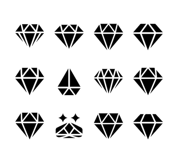 Conjunto de íconos de diamantes Diferentes formas de cortes de diamantes Conjunto del ícono de diamantes en estilo plano