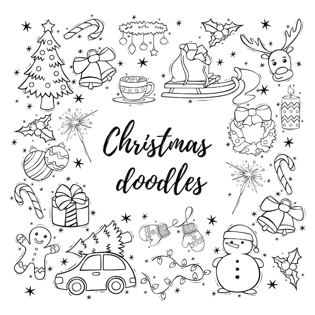 Conjunto de iconos dibujados a mano de adornos navideños en garabatos de Navidad y año nuevo estilo doodle